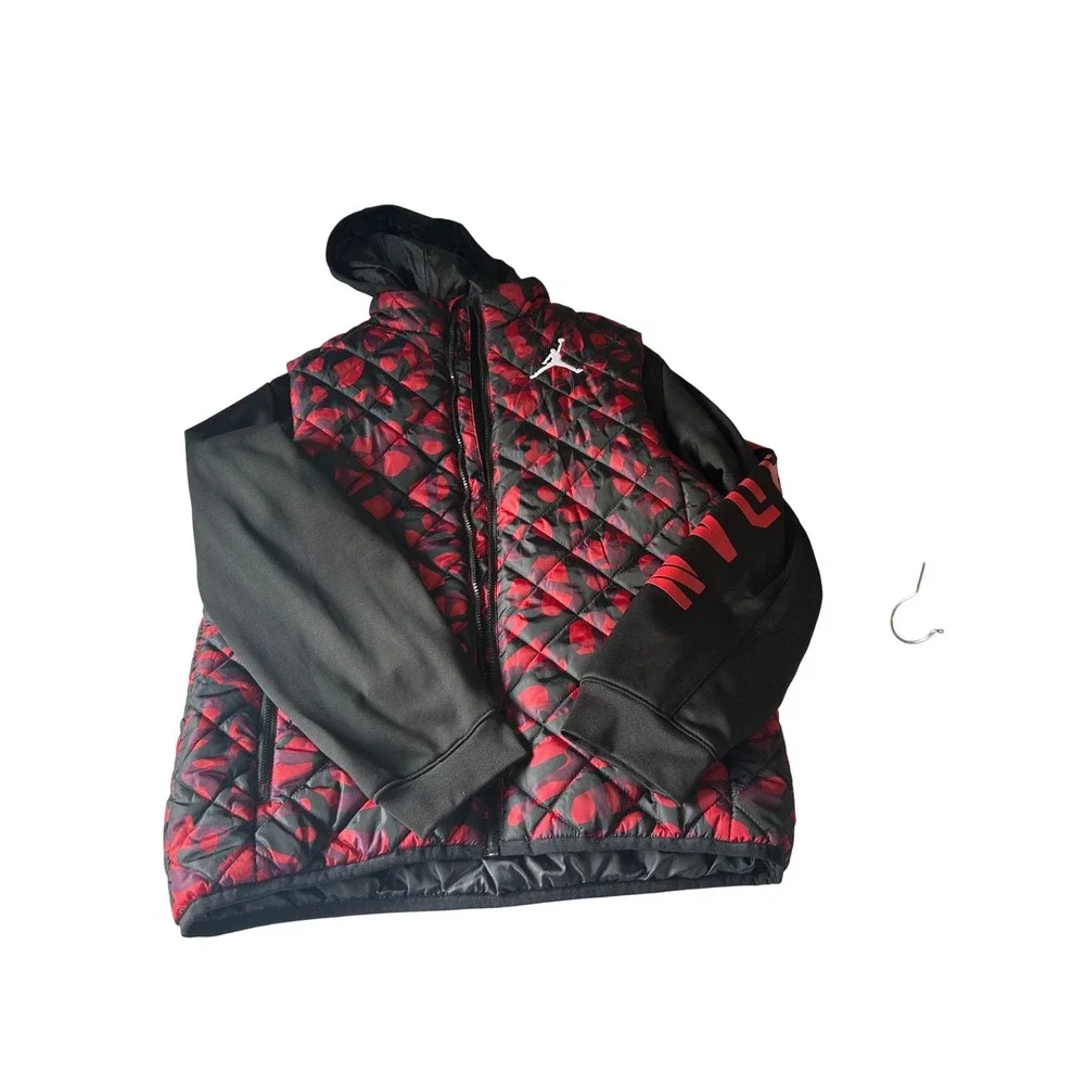 Jordan Kids Quilted Hooded Jacket‎ Red Black Floral Print Logo Size XL